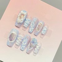 Oil Painting Handmade Press on Nails Magic Mirror Designs Fake Nails Blue Long Coffin Tips for Girl False Nails Fingernail Set