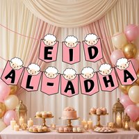 Pink Sheep Eid Al Adha Remembrance Banner Mubarak Decorations Ramadan Hanging Banners for Festive Party Decoration