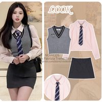 Ensemble uniforme JK style académie coréenne 2026 Automne/Hiver 4 pièces : Débardeur gris tricoté, Chemise ajustée, Mini-jupe enveloppante pour filles