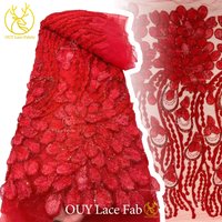 3D Red African Beaded Lace Fabric New Design French Sequin Lace Fabric Nigerian Embroidered Fabric Wedding Gown & Evening Dress