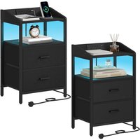 Bedside Tables Set of 2 with LED Lights and Charging Station, Bedside Cabinet with 2 Fabric Storage Drawers, Nightstand with US