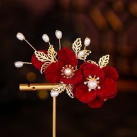 Ancient Style Hanfu Hair Accessory, Red Velvet Flower Side Clip, Clothing Accessory, Pearl, Simple and Versatile Flower Design