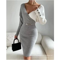 Sweater Dresses High Waist Button Decor Trend Sheath Sexy Dress Women Long Sleeve V-neck Mid-Length Long Sleeve Knit Midi Dress