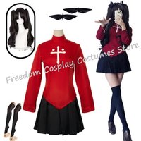 Anime Game Fate Stay Night Tohsaka Rin Cosplay Costume Wig For woman Red Shirt Skirt Stocking Hairpins Hallowmas Party Set