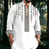 Men's shirt, ethnic style stand up collar shirt, long sleeved top, daily leisure vacation, casual slim fit trend versatile top
