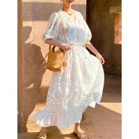 French Vacation Style Embroidered White Blouse & Lace Floral Midi Skirt Women Summer 100% Cotton Hollow-Out Two-Piece Dress Set