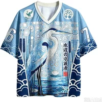 Unisex Japanisches Ukiyo-e-Design mit Storch und Lotusblumen, vollständig im 3D-Druckverfahren, V-Ausschnitt, Jersey-Stoff, modisches Street-T-Shirt, lockeres, atmungsaktives T-Shirt mit kurzen Ärmeln