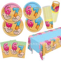 10pcs Ice Cream 67 Birthday Tableware I Was Six Now I'm Seven Plate Napkin Summer Boy Girl Happy Ice Cream Birthday Party Decor