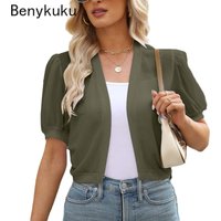 Army Green Women Puff Sleeve Bolero Open Front Shrug 2026 Summer Cropped Top Sheer Jackets Casual Cardigan Shawl for Womens Work