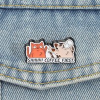 Funny Coffee Cat Enamel Pin Coffee First Brooch Cute Cartoon Kitten Lapel Pin Aesthetic Backpack Badge Gift For Coffee Lovers