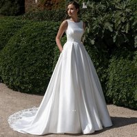 Simple Satin Wedding Dresses Customized Round Neck Applique Draped Sweep Train Bridal Gown Button Back Robe De Mariage