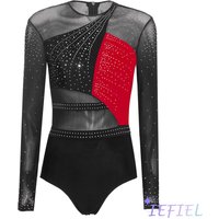 Womens Rhinestone Lyrical Dance Jumpsuit Shiny Patchwork Sheer Color Block Leotard Bodysuit for Gymnastics Latin Ballet Dance