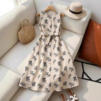 Women Sleeveless Leaf Print Midi Dress Summer Round Neck Single Breasted Slim Long Dresses With Belt 2026 New Lady Dress