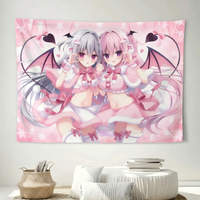 1pc Kawaii Pink Succubus Twins Anime Tapestry, Pastel Aesthetic Wall Hanging, Cute Demon Girl Decor for Bedroom Dorm