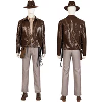 Movie Indiana Jones 5 Cosplay Costume Mens Indy Brown Leather Jacket Shirt Pants Full Set Outfit for Halloween Party