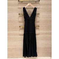 High-End Lace Splice Hollow out Deep V High Waist Sleeveless Long Dress Knitted Dress for Women French Style H Version Midi D...