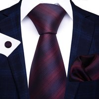 Fashion Brand Tie For Men Woven Festive Present Tie Handkerchief Cufflink Set Necktie Shirt Accessories Red Striped