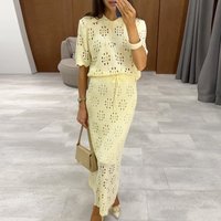 Summer Solid Color Commute Outfits Elegant Ladies Slim Party Two Piece Suits Hollow Out O-neck Short Sleeve Tops & Skirts Sets