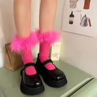 Y2k Women Feather Fur Middle Tube Socks Rose Pink Jk Lolita Socks Cotton Funny Cotton Socks Pile Cosplay Party Accessories