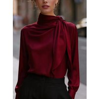 Damen-Bluse aus Satin mit hohem Kragen, langen Ärmeln und Bindeband-Detail, elegantes, drapiertes Oberteil für Büro oder formelle Anlässe