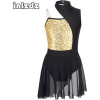 Kids Girls Ballet Dance Off Shoulder Dress Shiny Sequins Mesh Clothing Sleeveless Round Collar Patchwork Dance Performance Dress