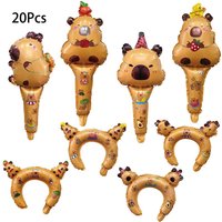20Pcs/Set Cute Animal Capybara Theme Hand-held Stick Headband Aluminum Film Balloons for Kids Birthday Baby Shower Party Decor