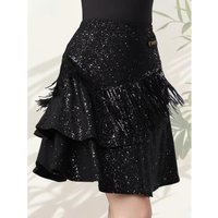 Womens Latin Dance Half-body Skirt Female Practice Dress Summer New Sequins Tassel Modern Black Sorority Square Dancing Clothes