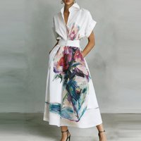Flower Print Maxi Dress Women Summer Short Sleeve Turn-Down Collar Holiday Party Dress Button Patchwork High Street Ladies Dress