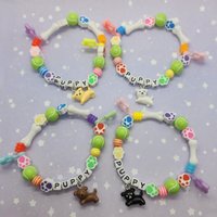 Y2K Cute Handmade Puppy Dog Kandi Friendship Bracelet - Colorful / Bone Pawprint Tennis Ball Beads | Pet Themed Charm Bracelet