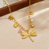Stainless Steel Golden Dragonfly Flower Bowknot Pearl Multi Pendant Necklace Lady New Fashion Waterproof Neck Chain