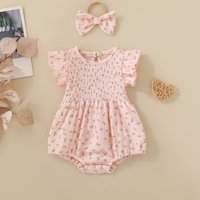 Summer female infant pink short-sleeved flower and plant print triangular Romper and bow headscarf two-piece set