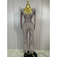 Sparkly Black Rhinestones Sequined Fringe jumpsuit Women Sexy Nightclub Party Birthday Outfit Show Singer Stage Perform Costume