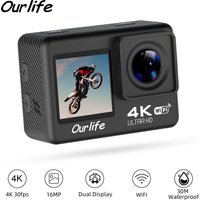 Ourlife Action Camera 4K 30FPS WiFi 30M Underwater Waterproof 170° DVR Sports Video Recording 2.0'' Screen Display Video Camera