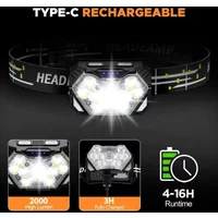 LED Headlight Type-C USB Rechargeable 2000 Lumen Waterproof Head Torch for Hunting Climbing Garage Night Work Tool