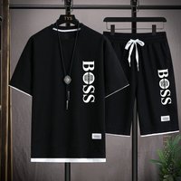 Fashionable printed T-shirt and shorts set for men's sports, simple and comfortable summer waffle suit