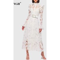 VGH Minimalist Solid Dresses For Women Stand Collar Long Sleeve High Waist Spliced Hollow Out Slim Chic Dress Female Summer 2025