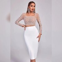 Autumn Glam See-through Beaded Square Neck Crop Top + Bandage Skirt Women's Fashion Navel-exposed Two Piece Set Party Clubwear