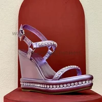 Purple Glossy Leather Crystal Bordered Wedge Bling Women 12Cm Platform Open Gold Buckle White Simple Diamond Dress Wedding Shoes