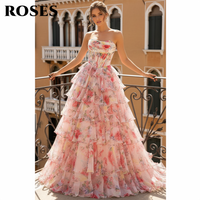 ROSES Pink Boho Prom Dress Strapless Floral Print Evening Dresses Sleeveless Formal Gown Tiered Ruffled 프롬 드레스 Customized