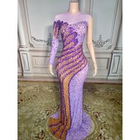 Sparkly Rhinestones Evening Prom Party Birthday Gown Long Dress for Women Sexy Mesh Performance Costume Singer Show Stage Wear