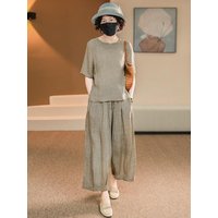 Elegant Casual Summer Two-Piece Set Short Sleeve round Neck Loose Fit Mom Outfit Style Nine-Piece Pants Mid-Aged Women