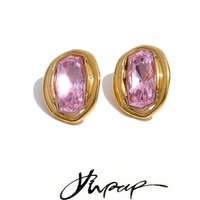 Yhpup Pink White Champagne Blue Stainless Steel Zirconia Rectangle Oval Stud Earrings Delicate Shiny Daily Jewelry Accessories