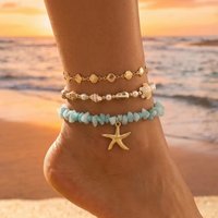 3PCS Stackable Turquoise Chip Anklet Starfish Shell Turtle Imitate Pearl Boho Summer Beach Vacation Jewelry