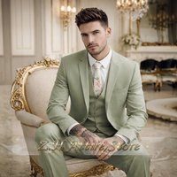 Sage green men's 3-piece suit classic jacket vest pants slim-fitting set tailored for wedding groom balls party male tuxedo