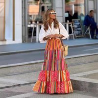 Casual Boho Print Skirt Elegant Elastic Waist A-line Ruffle Big Hem Skirt Beach Vacation Women's Clothing Loose Long Skirt