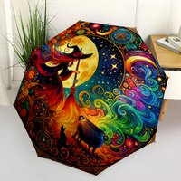Enchanted Moonlit Witch's Night Automatic Open/Close Compact Umbrella - 3-Fold Portable with 8-Rib Sturdy Frame, Magical Witch