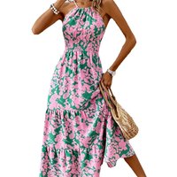 Summer seaside vacation style, waist cinching and slimming, hanging neck, patchwork long skirt for women
