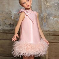 Customized Pink Flower Girl Dresses For Wedding Satin Feather With Bow Princess Birthday Party First Communion Pageant Ball Gown