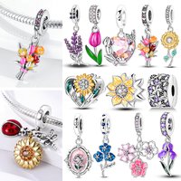 925 Sterling Silver Spring Flowers Charms Carnation Sunflower Tulip Iris Rose Pendant for Women Original Bracelet Beaded Jewelry