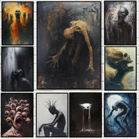 Horrible Surreal Monster Creature Poster Weird Wacky Skulls Creepy Dark Gothic Canvas Painting Wall Art Living Room Home Decor